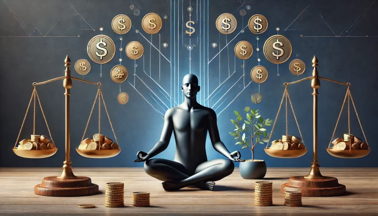 Persona meditativa en una pose relajada, rodeada de símbolos de bienestar financiero, como monedas, una balanza y un árbol de dinero. relacion con el dinero. psicología del dinero, finanzas emocionales.